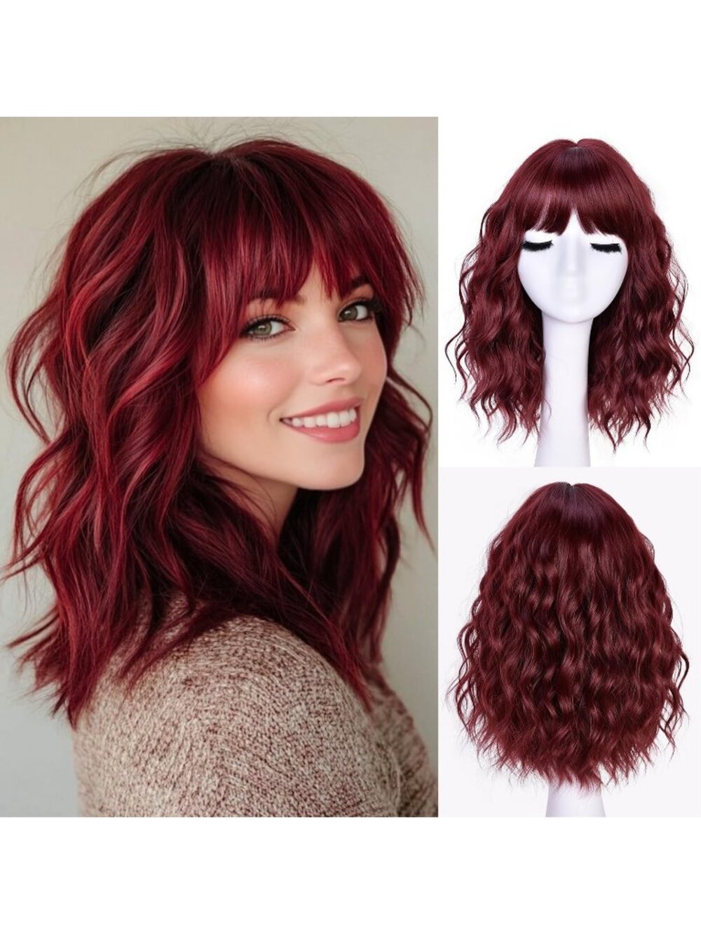 Women's Burgundy 14 Inch Natural Synthetic Short Curly Wavy Fiber Wigs